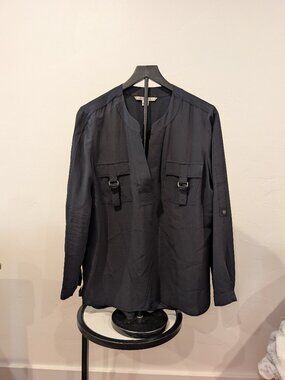 Diane von Furstenberg Utility Pocket V‑Neck Blouse • Black • Size 10
